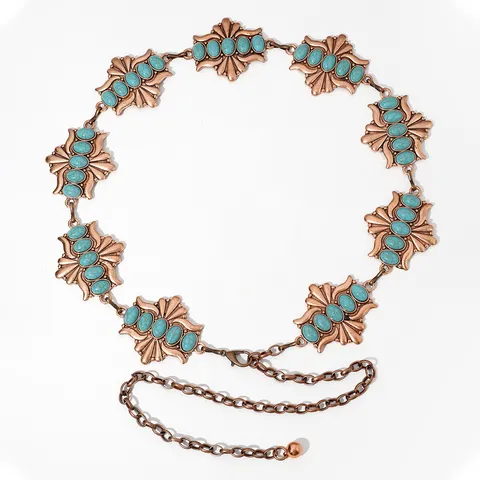 Vintage Bohemian Metal Waist Chain Belt For Women Flower Carved Zinc Alloy Turquoise Inlay Body Chain Decorative Dress Belt Accessory