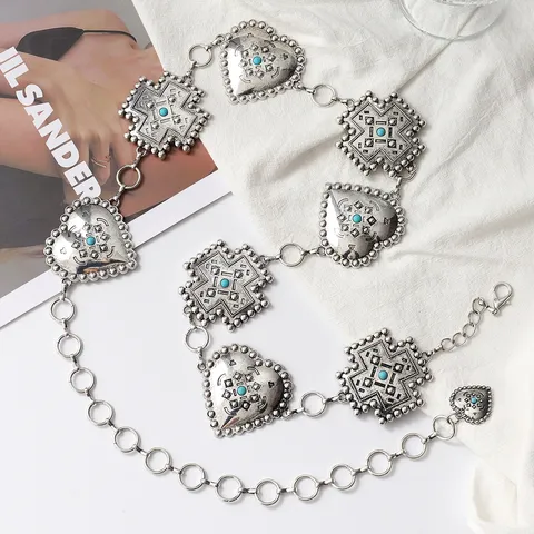Cadena de Cintura de Metal Vintage Bohemio Con Colgante de Cruz Corazón Incrustación de Turquesa Sintética Joyería Corporal Ajustable para Mujer
