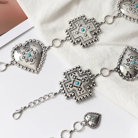 Cadena de Cintura de Metal Vintage Bohemio Con Colgante de Cruz Corazón Incrustación de Turquesa Sintética Joyería Corporal Ajustable para Mujer