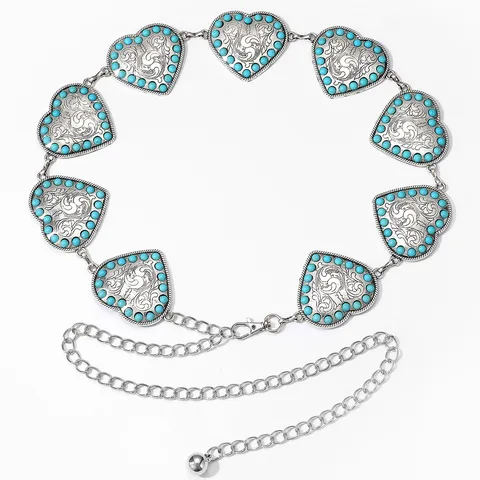 Cadena de Cintura de Metal de Corazón Vintage Étnico para Mujer Patrón Tallado Cinturón de Cadena de Strass Sexy Joyería