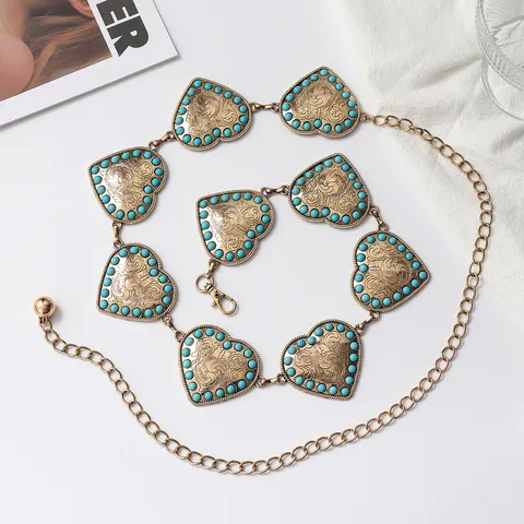 Cadena de Cintura de Metal de Corazón Vintage Étnico para Mujer Patrón Tallado Cinturón de Cadena de Strass Sexy Joyería