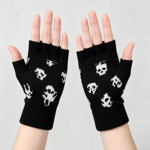 Gants en Tricot à Demi-doigts Tête de Mort d'Halloween Gothiques Chauds d'Hiver en Acrylique Mitaines sans Doigts pour Hommes Femmes Fête