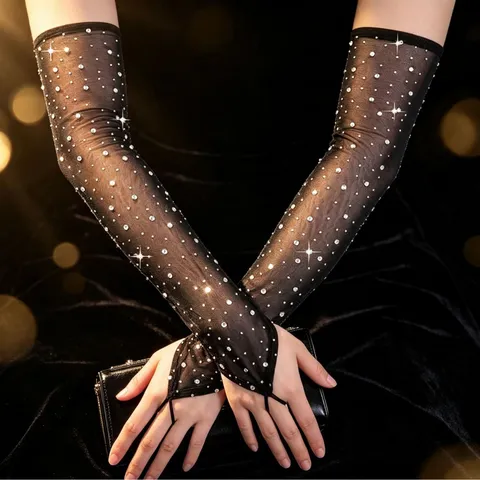Vintage Elegante Strass Armstulpen Netz Lange Handschuhe Für Damen Aufführung Party Sonnenschutz Funkelnde Schlaufen Finger Sleeves