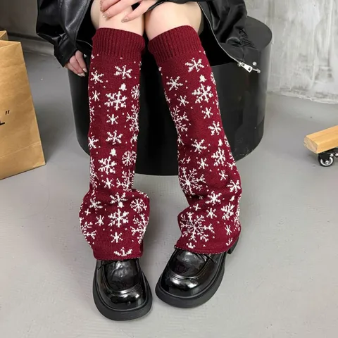 Snowflake Sheep Head Leg Warmers Winter Warm Knitted JK Style Wine Red For Women Leg Warmers Pile Socks