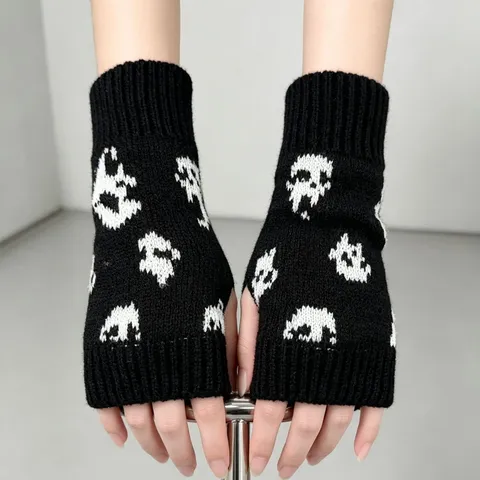 Gants en Tricot à Demi-doigts Tête de Mort d'Halloween Gothiques Chauds d'Hiver en Acrylique Mitaines sans Doigts pour Hommes Femmes Fête