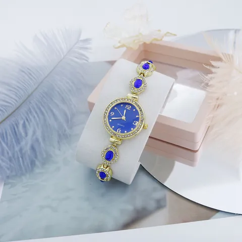 Vintage Luxury Women Quartz Bracelet Watch Elegant Alloy Rhinestone Artificial Pearl Inlaid Shiny Oval Gemstone Wrist Watch Jewelry Gift