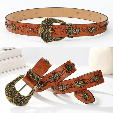 Women Retro Embossed PU Leather Belt With Engraved Alloy Buckle Bohemian Ethnic Style Fashion Waist Strap For Jeans Dress