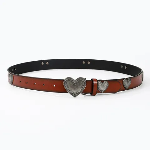 Cinturón Estrecho Vintage de Cuero PU con Remaches de Corazón para Mujer Elegante Cinturón de Vestido de Cintura con Hebilla de Placa de Aleación Marrón Claro
