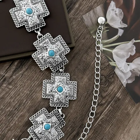 Boheemse Retro Turkoois Kruis Verstelbare Metalen Tailleketting Voor Vrouwen Gotische Etnische Stijl Lichaamssieraden Riem Zilver
