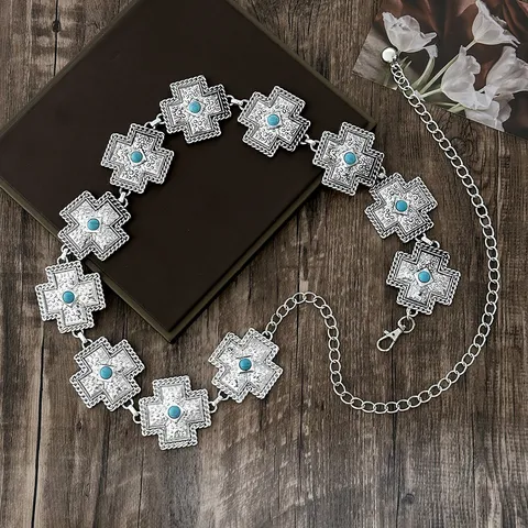Boheemse Retro Turkoois Kruis Verstelbare Metalen Tailleketting Voor Vrouwen Gotische Etnische Stijl Lichaamssieraden Riem Zilver