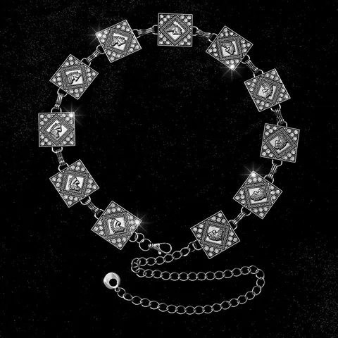 Cadena de Cintura Cuadrada de Aleación de Strass Bohemio Cadena de Cinturón Galvanizado Con Cabeza de Caballo Tallado Joyas para el Cuerpo de Mujer