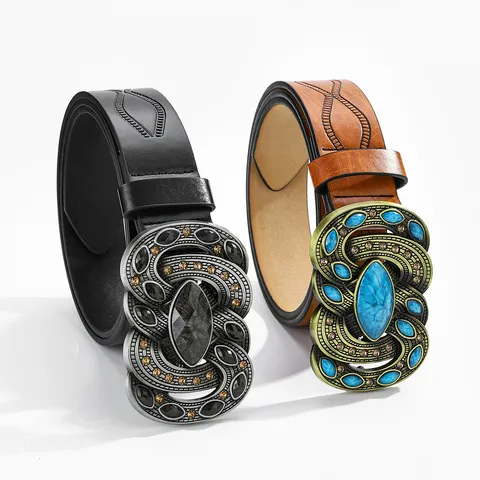 Cinturón de Cuero PU Vintage para Mujer Western Étnico Hebilla de Aleación Tallada Strass Turquesa Sintética Textura en Relieve Pretina Casual Boho Moda Cinturón