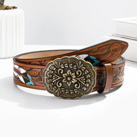 Cinturón Vintage Western de Cuero PU para Mujer Relieve Pluma Flor Hebilla de Placa de Aleación Grabada