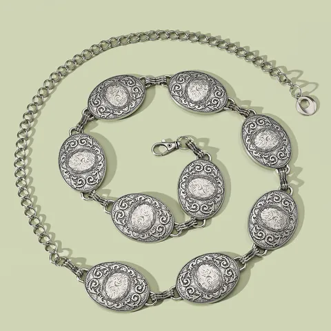 Cadena de Cintura de Metal Vintage Grabada para Mujer Estilo Europeo Americano Cadena de Cinturón de Aleación Joyería Étnica