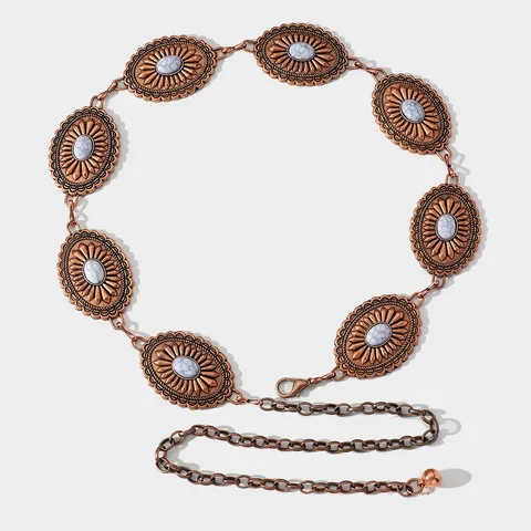 Cadena de Cintura Vintage Bohemio Metal Oval Girasol Turquesa Joyería de Cuerpo Cowgirl Western Cinturón Ajustable para Mujeres Fiesta