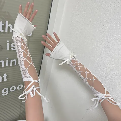 Y2K Subculture Lace Arm Sleeves For Women Sweet Lolita Ribbon Bowknot Ruffle Trim Mesh Fingerless Gloves Retro Hand Covers