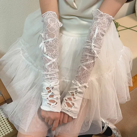 Women Lolita Lace Arm Sleeves Y2K Cross Ribbon Bowknot Knitted Long Fingerless Gloves UV Sun Protection Decorative Sleeves