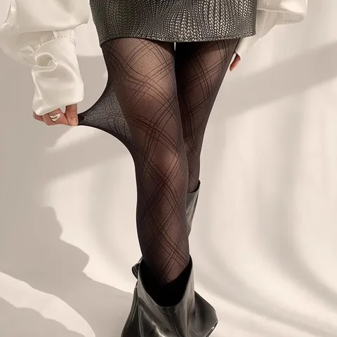 Damen Hahnentritt Muster Transparente Strumpfhose Hohe Elastizität Kernspinngarn Seide Pantyhose Für Tägliche Mode Schwarz Leggings
