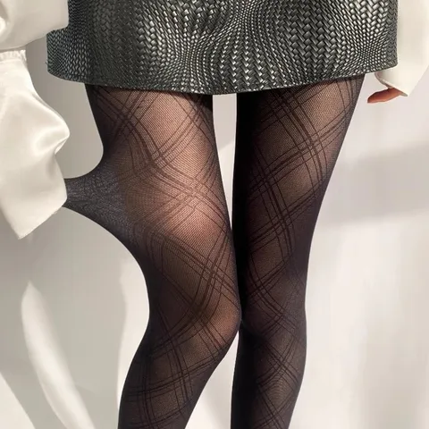 Damen Hahnentritt Muster Transparente Strumpfhose Hohe Elastizität Kernspinngarn Seide Pantyhose Für Tägliche Mode Schwarz Leggings