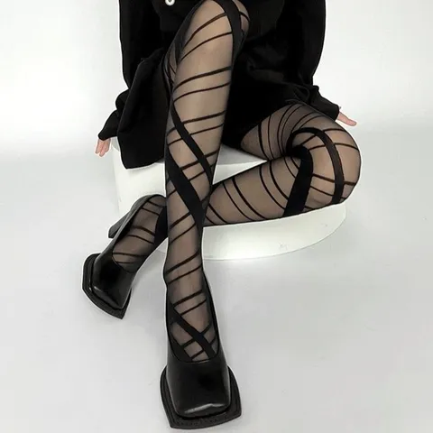 Sexy Polyester Geometric Cross Stripe Printed Pantyhose Fashion Strappy Pattern Semi Sheer Black Stockings Leggings For Women Everyday Clubwear