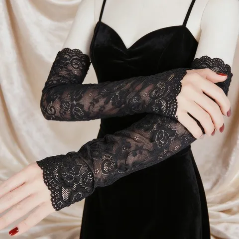 Damen Spitzen Lange Armstulpen Sonnenschutz UV-Schutz Blumenkante JK Stil Atmungsaktive Netz Fingerlose Handschuhe Fahren