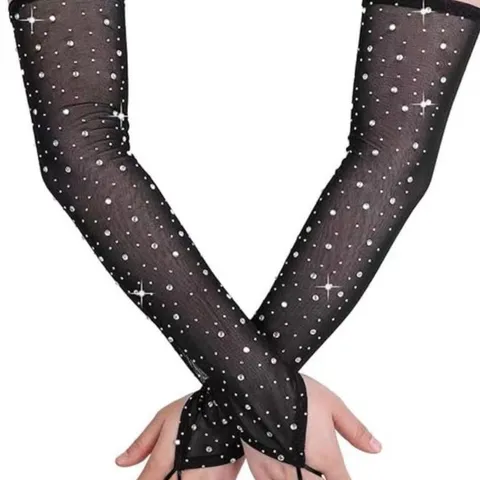 Sexy Mesh Rhinestone Long Fingerless Gloves Women Hollow Out Sheer Arm Sleeves For Halloween Nightclub Party Dance Costume Dress Accessories