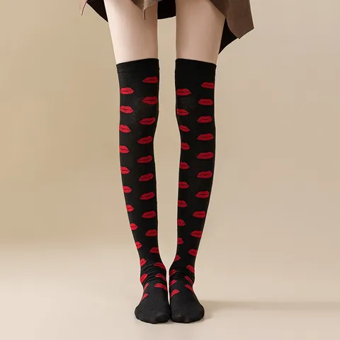 Damen Herz Lippen Muster Overknee Socken Baumwollmischung Lolita JK Stil Oberschenkelhohe Lange Strümpfe