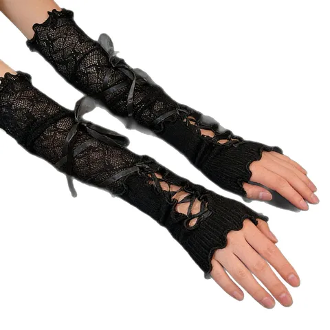 Women Lolita Lace Arm Sleeves Y2K Cross Ribbon Bowknot Knitted Long Fingerless Gloves UV Sun Protection Decorative Sleeves
