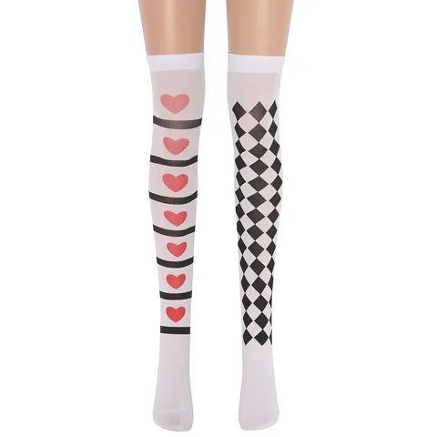 Polyester Halloween Thigh High Socks For Women Asymmetrical Checkered Striped Cosplay Stockings Clown Holiday Costume Dress Performance Socks