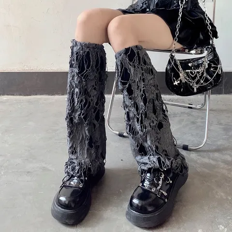 Halloween Gothic Punk Ripped Leg Warmers Women Dark Distressed Knitted Mesh Pile Socks Party COS Leg Covers Black