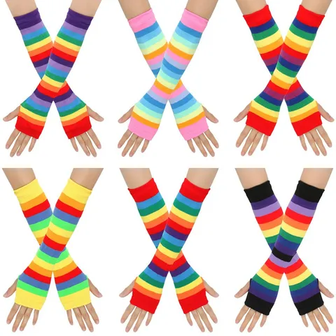 Regenbogen Gestreifte Gestrickte Fingerlose Handschuhe Armstulpen Bunte Ärmel Für Damen Pride Festival Party Kostüm Zubehör