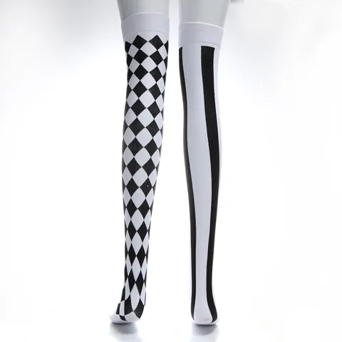 Polyester Halloween Thigh High Socks For Women Asymmetrical Checkered Striped Cosplay Stockings Clown Holiday Costume Dress Performance Socks