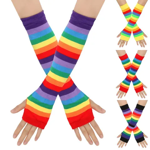 Regenbogen Gestreifte Gestrickte Fingerlose Handschuhe Armstulpen Bunte Ärmel Für Damen Pride Festival Party Kostüm Zubehör