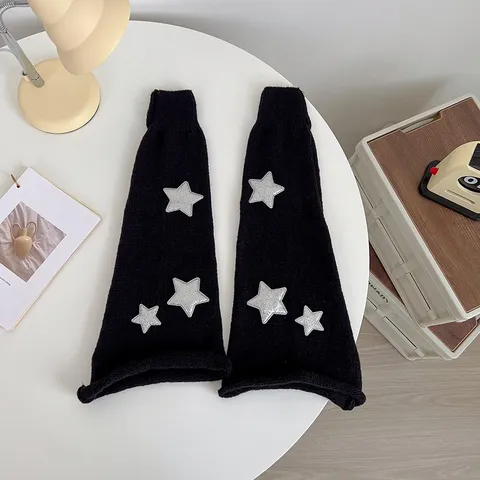 Y2K Sternmuster Strick Beinstulpen Damen Gestreifte Acryl Stiefelmanschetten Für JK Stil Harajuku Streetwear Lange Fußabdeckungen