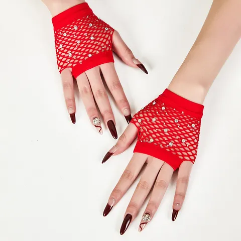 Damen Sexy Fischnetz Strass Handschuhe Halbfinger Kurz Hollow Mesh Handschuhe Für Party Tanz Kostüm Zubehör