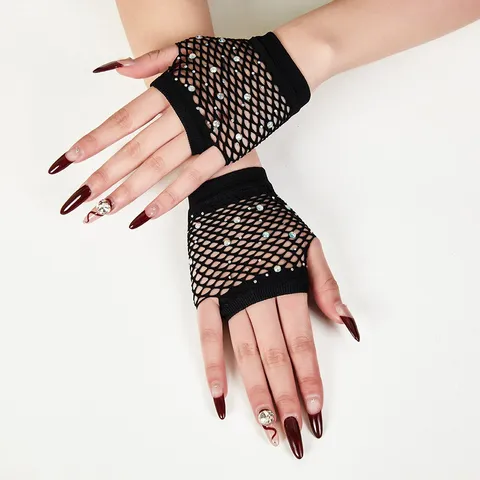 Damen Sexy Fischnetz Strass Handschuhe Halbfinger Kurz Hollow Mesh Handschuhe Für Party Tanz Kostüm Zubehör