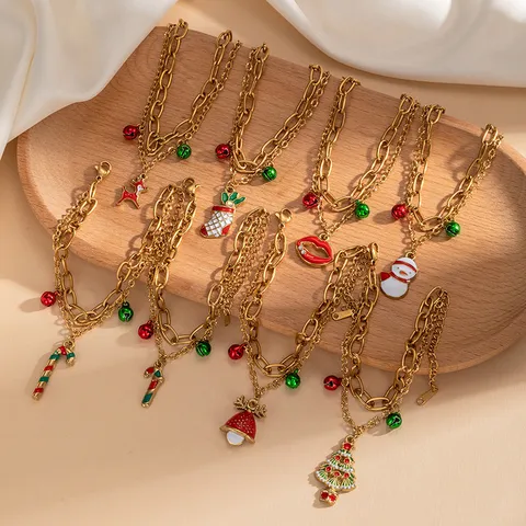 Bracciale di Natale in Acciaio Inossidabile a Doppio Strato Oro Vintage Per Donne Uomini Babbo Natale Albero di Natale Campana Smalto Bracciale con Ciondoli Gioielli per Feste