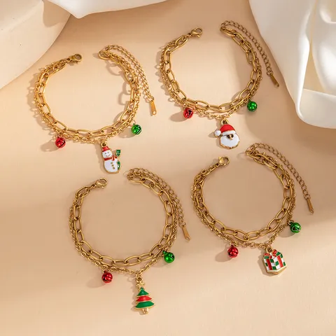 Bracciale di Natale in Acciaio Inossidabile a Doppio Strato Oro Vintage Per Donne Uomini Babbo Natale Albero di Natale Campana Smalto Bracciale con Ciondoli Gioielli per Feste