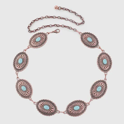 Cadena de Cintura Vintage Bohemio Metal Oval Girasol Turquesa Joyería de Cuerpo Cowgirl Western Cinturón Ajustable para Mujeres Fiesta