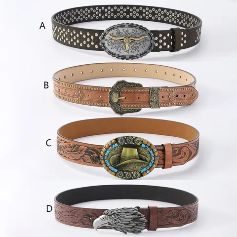 Cinturón Occidental Bohemio Vintage para Hombre Mujer Cuero PU Cinturilla en Relieve con Hebilla Metálica de Toro Águila Accesorio Estilo Cowboy