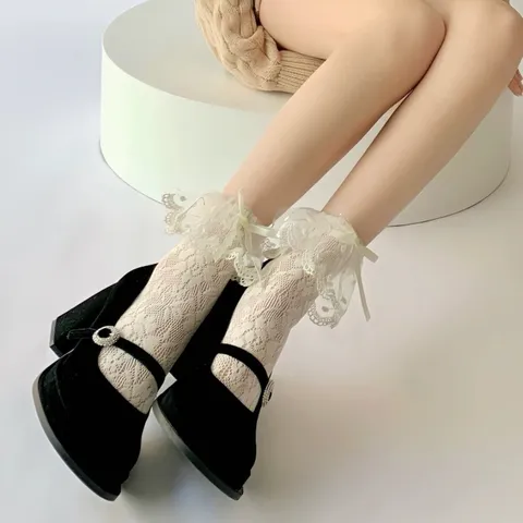Japanischer Süßer Stil Spitze Netz Slouch Socken Für Damen Einfarbig Rüschen Schleife Lolita Stil Dünne Fashion Socken