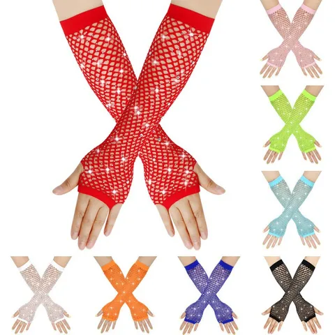 Damen Vintage Sexy Netzhandschuhe Fingerlose Handschuhe Strass Hochelastisch Ajouré Armstulpen Für Clubwear Hochzeit Kostüm Party Accessoires