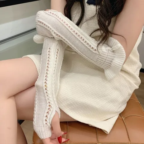 Lolita JK Acrylic Knitted Long Arm Sleeves Bubble Ruffle Trim Hollow Out Breathable Sun Protection Gloves For Women