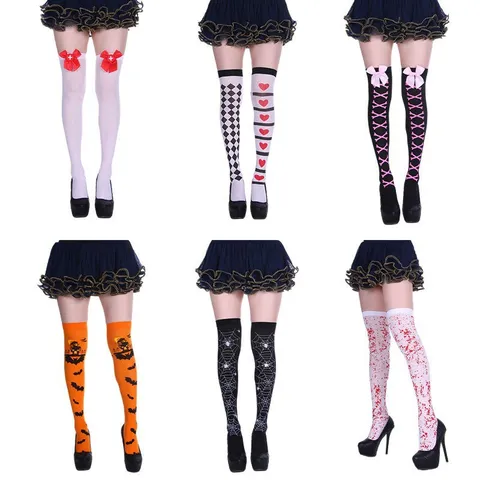 Halloween Overknee Strümpfe Gothic Skelett Kürbis Blutfleck Bedruckte Lange Strümpfe Für Damen Party Karneval Zubehör