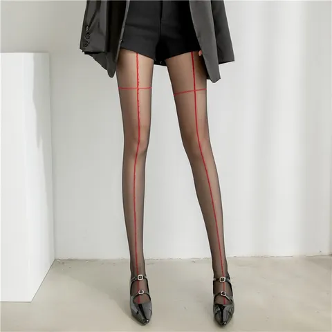 Women Sexy Cross Red Line Tights Ultra Thin Sheer Back Seam Pantyhose Nightclub Polyamide Stockings For Women Summer Casual Legwear