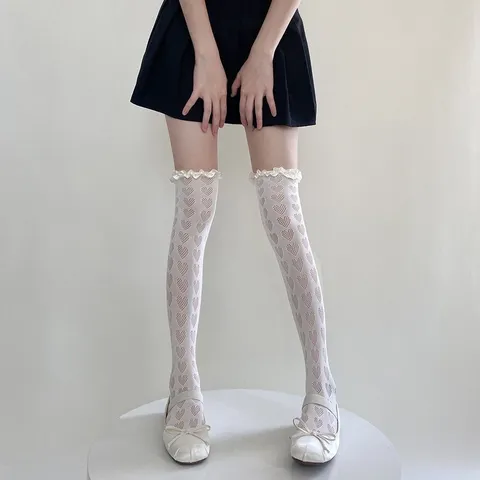 Lolita Herzmuster Overkneestrümpfe Für Damen JK Stil Spitzenbesatz Lange Strümpfe Cosplay Süße Mode Socken