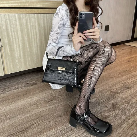 Damen Lolita Stern Und Mond Netzstrumpfhose Hohl Ausgeschnittene Maschenstrumpfhose Vintage Stern Mond Muster Strümpfe Für Party Alltag