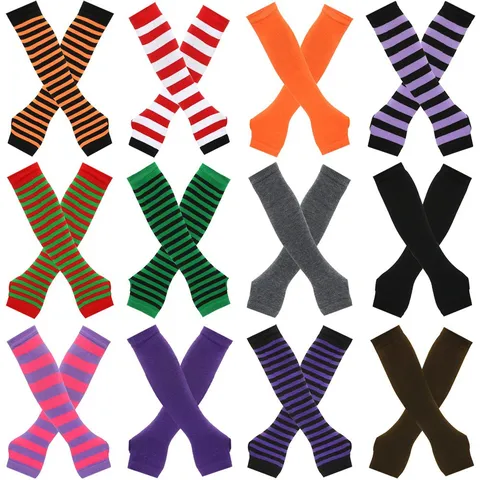 Modische Gestrickte Gestreifte Armstulpen Fingerlose Lange Handschuhe Punk Dunkler Stil Ärmelüberzug Für Kostüm Cosplay Unisex