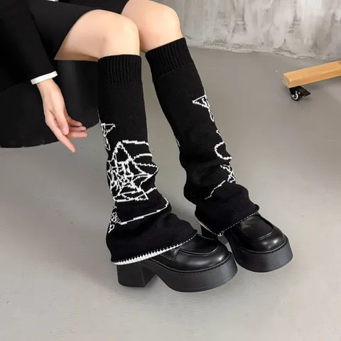 Y2K Star Meteor Knitted Leg Warmers For Women Lolita JK Style Purple White Wide Leg Long Socks Warm Foot Covers Accessories