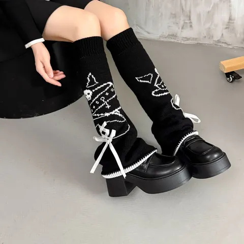 Gothic JK Style Knitted Leg Warmers With Velvet Bows Skull Pattern Soft Rabbit Hair Blend Drawstring Leg Covers For Women
